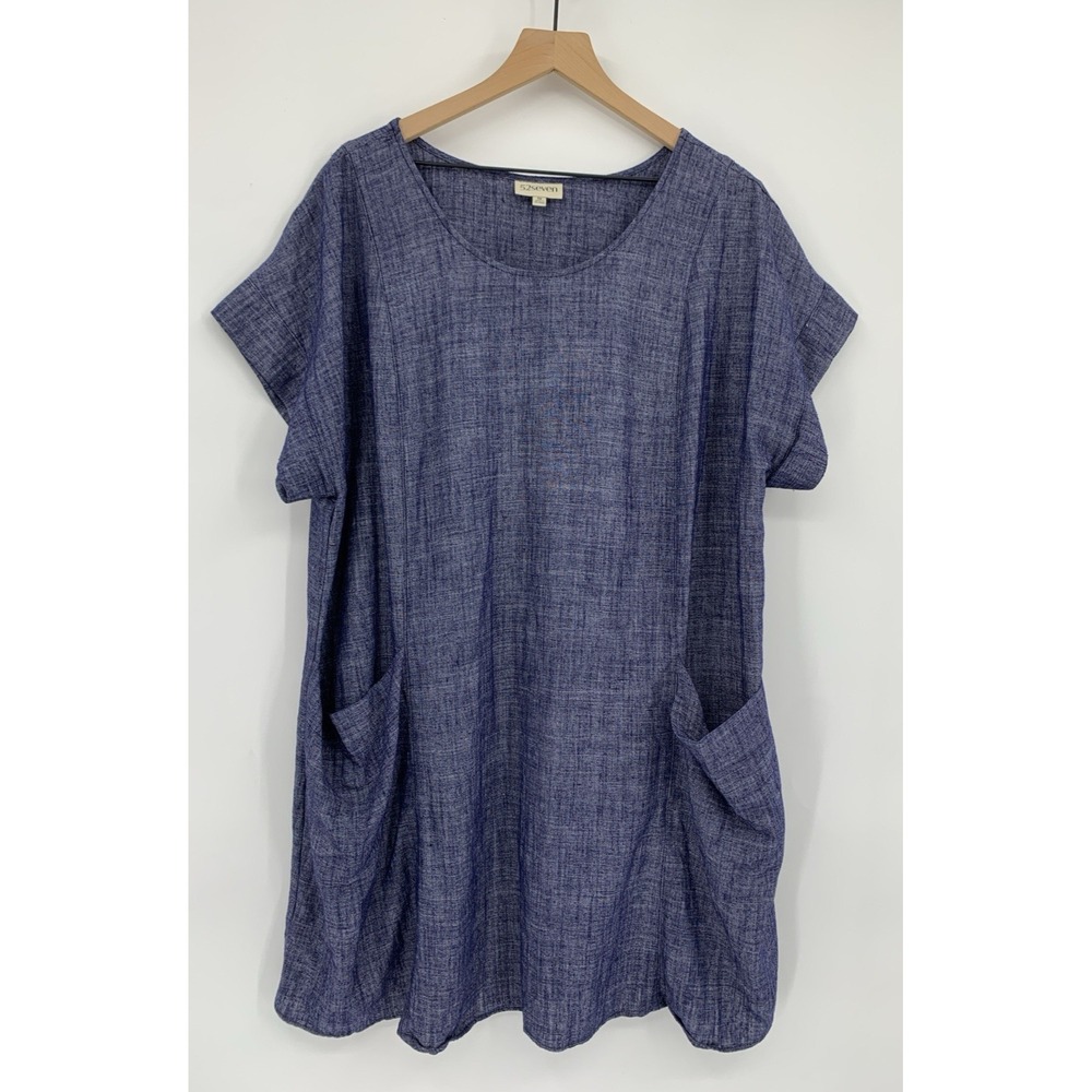 52Seven Denim Dress Womens 1X Blue Pockets Chambray Lightweight Linen Coastal
